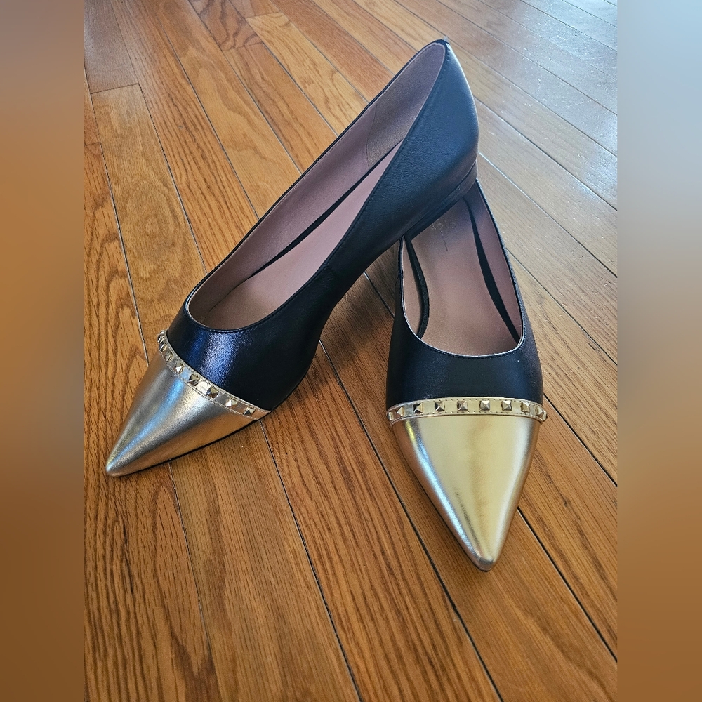 Linea Paolo Niche Pointed Toe Flat Black Gold Studded Cap Toe Size 12 NWT